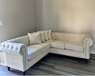 Chesterfield white microfiber sectional corner sofa couch