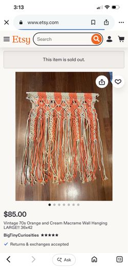 Vintage 70s Orange Cream Macrame Wall Hanging Large