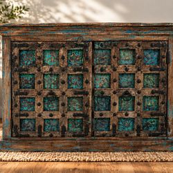 Imported Hand-Carved Wood Sideboard Cabinet – Turquoise Patina | Entryway Console Table, Rustic Credenza, Buffet, Storage Cabinet