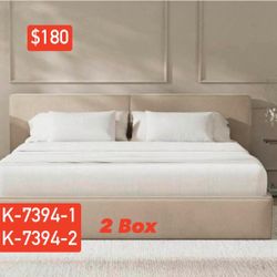 (K-7394-1) RECCI Platform Bed Frame with Plush Upholstered Headboard, Noise-Free Stability, Wood Slats (Beige, King(2 box)