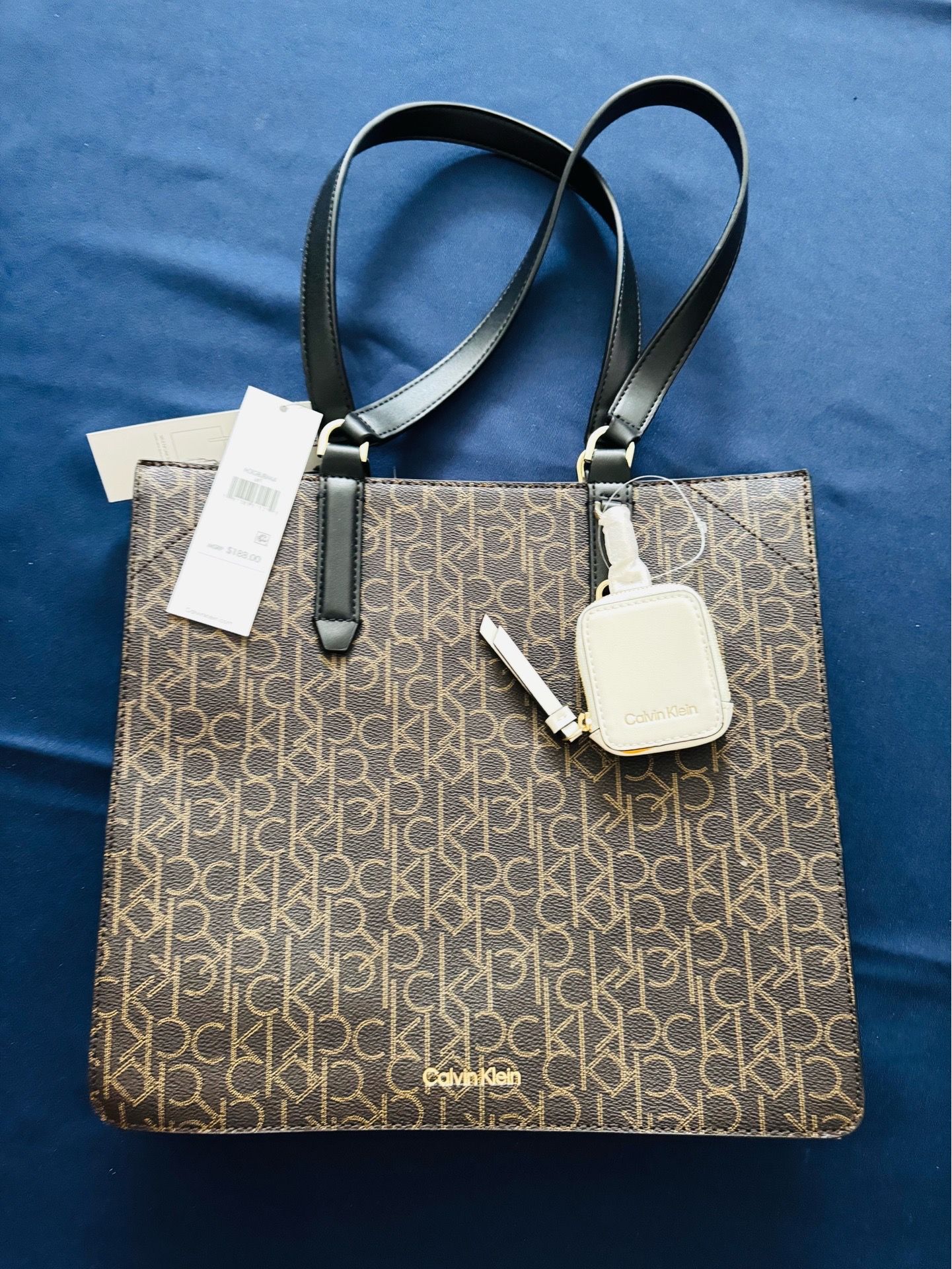 Calvin Klein Womens Brown Monogram Tote Black Double Handles Gold Hardware