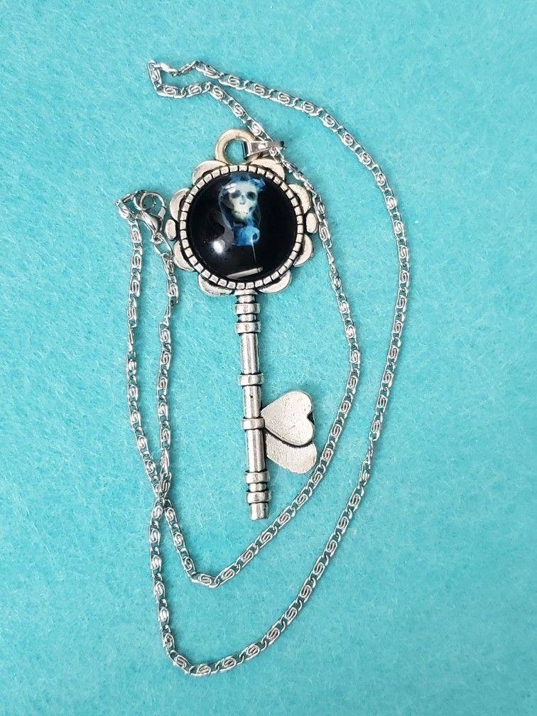 Skull In Cigarette Smoke Glass Cabochon Halloween Goth Skeleton Key Necklace