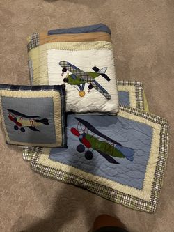 Pottery Barn Kids Bedding Set Airplanes Queen Full Quilt & Pillow Sham