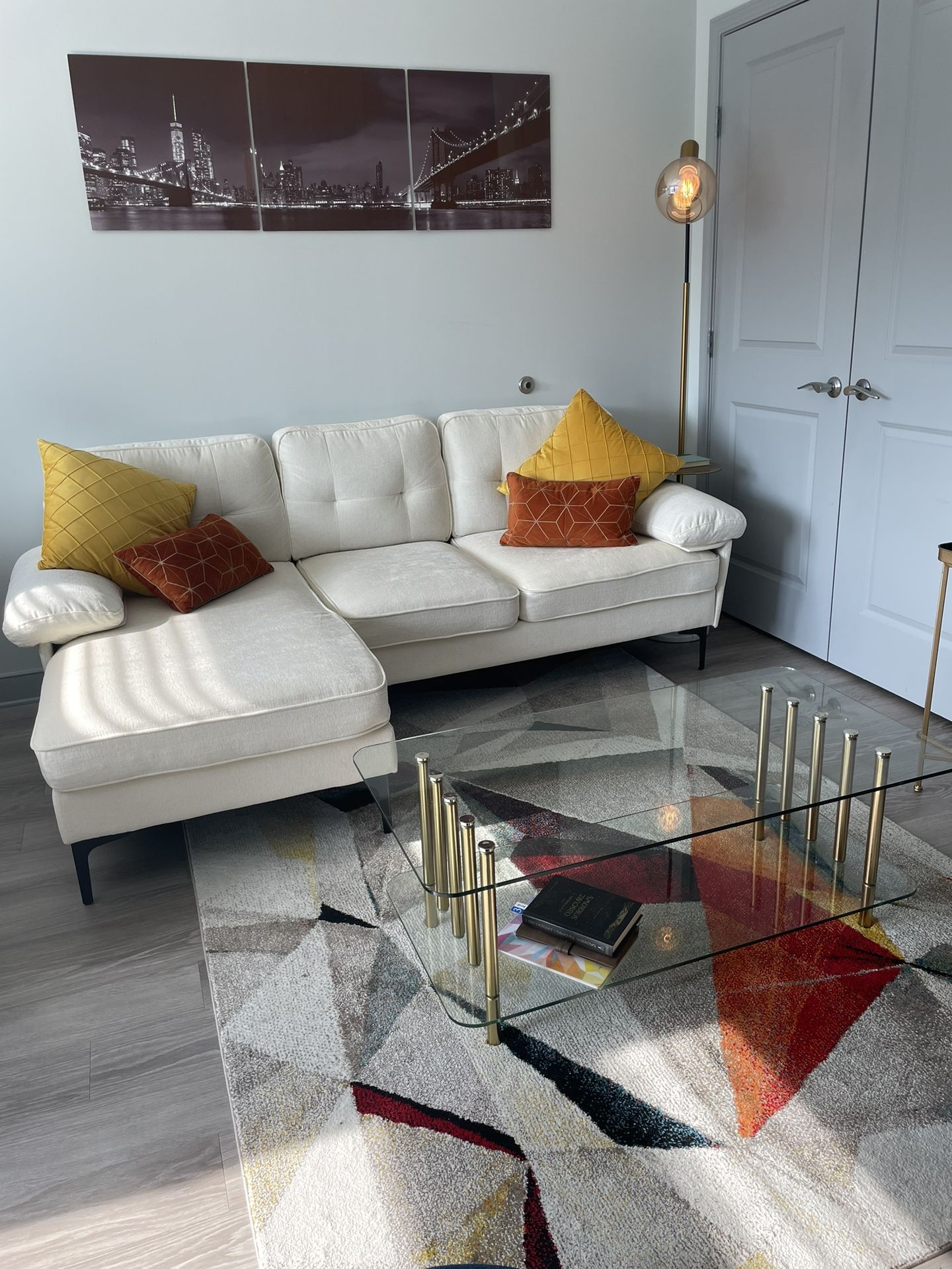 Beige Couch - Sectional L Shaped Sofa with Solid Wood Frame