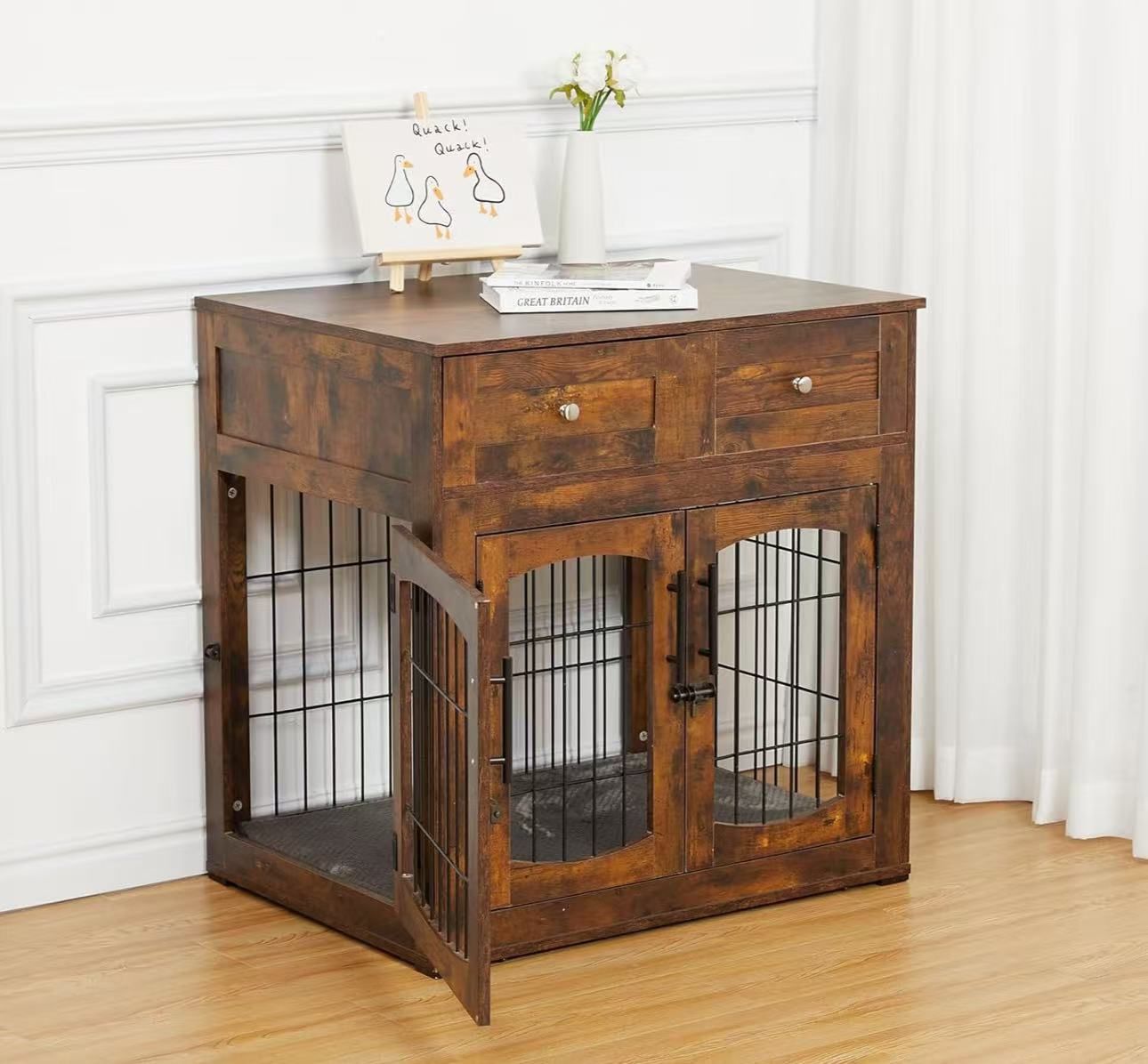Dog Crate Furniture with Drawers and Cushion,31.5" 3-Doors Dog Furniture
