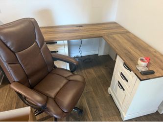 L Shaped Farmhouse Desk & Leather Chair