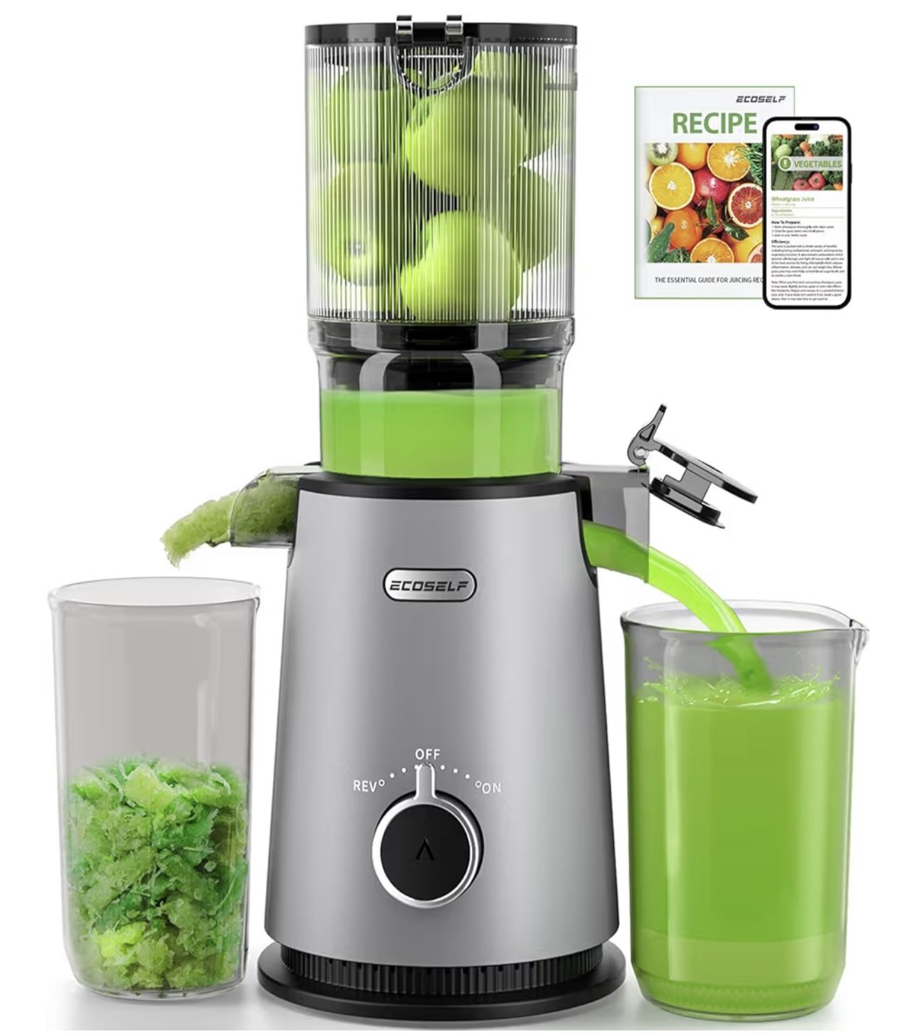 Cold Press Juicer, ECOSELF Juicer Machines with Large Feed Chute Fit Whole Fruits & Vegetables