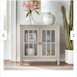 Small Glass Door Cabinet Display Antique White Wood 2 Door 2 Shelf Curio Buffet(NEW In A Box)