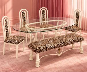 Oval Glass Post modern Dining Table Set with Leopard Print Upholstery