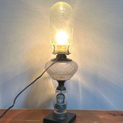 Antique Late 1800s Patterned Glass Reverse Painted Stem Kerosene Oil Lamp