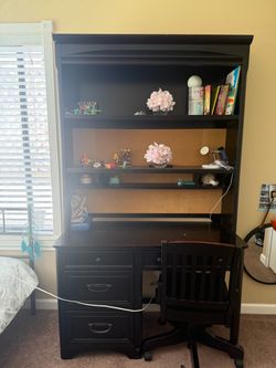 Black Wood Desk with Hutch and Chair