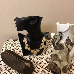NWOT Statement Necklace with Cream Stones & Crystals and Silver Chain, EUC Scarf & NWOT Bare Minerals Cosmetic Bag. Lot.
