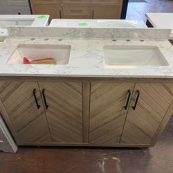 Glacier Bay Huckleberry 48 in. Double Sink Weathered Tan Bath Vanity with White Engineered Marble Top