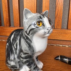 Hand Painted Ceramic Cat Figurine: Glass Eyed Sculpture