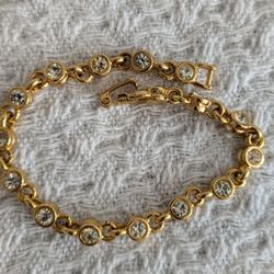 Bracelet Gold Plated 7.5" Length 16 White Stones Locking Clasp 