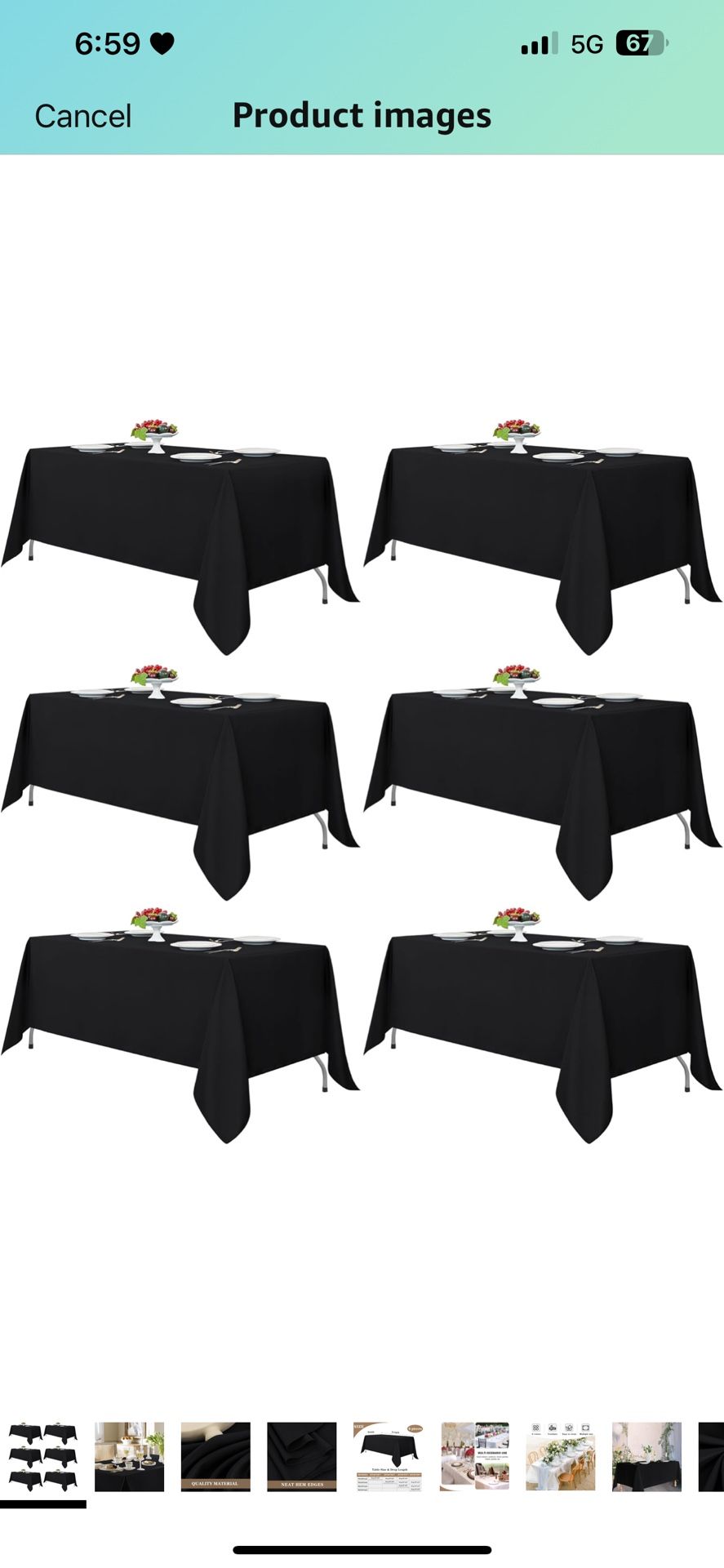 Black Tablecloths for Rectangle Tables, 6 Pack - 70 x 120 Inches