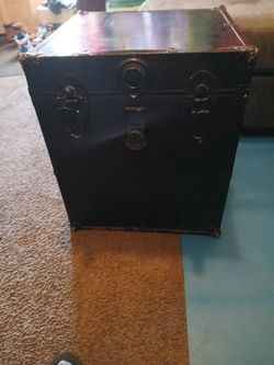 Vintage 1950s Black Trunk Chest Will Unique Newspaper Style Liner On The Inside And Leather Handles 21 Inches Tall 18 In Wide 27 In Deep Excellent Con