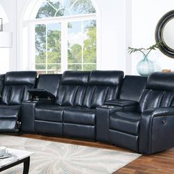 Brand New Blue Leather Theater Style Reclining Sectional Sofa 