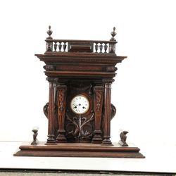 Antique French L MARTI, Very Fancy Carved Oak Mantle Clock with Porcelain Dial