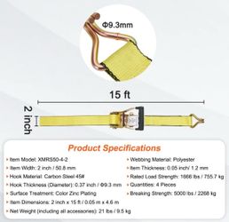 Ratchet Tie Down Straps - 15ft x 2 Inch - 5000 lb Breaking Strength - New