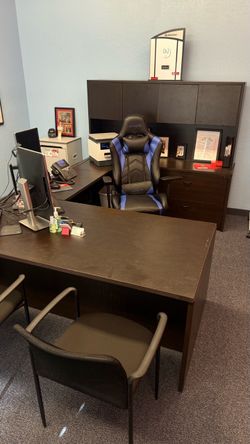 Dark Wood Grain L-Shaped Office Desk with Hutch and Lateral File Cabinet