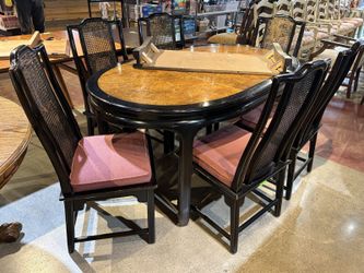 Asian Inspired Burl-Veneer 6-Seater Dining Set w/ 2 Leaves