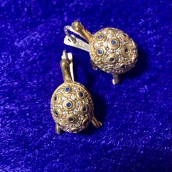 Antique Style European Silver & Bronze Turtle Earrings Encrusted With Sapphire Topaz