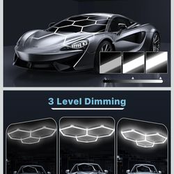 HYPERLITE Gen 2 Hexagon Garage LED Light, Upgraded 3 Level Dimmable 105W 10500LM Super Bright Garage Detailing Lights, 3 Grids Hex Shop Light, Hexagon