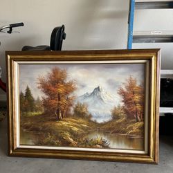 Vintage oil painting on canvas, a mountain with snow-capped peaks, and autumn foliage