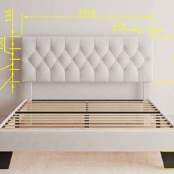 Full Size Upholstered Bed Frame – White Velvet, Diamond Tufted, Modern Design