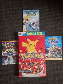 Pokémon Lot. Three Dvds and Sealed Cereal Box
