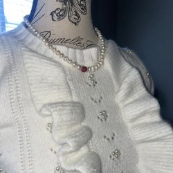 White Antique Pearl Necklace With A Single Red Bead 