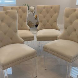 Set of 4 Velvet Dining Chairs, Wingback and Tufted Upholstered, Hoop Pull on Back and Solid Acrylic Legs, Contemporary Nikki, for Kitchen, Beige