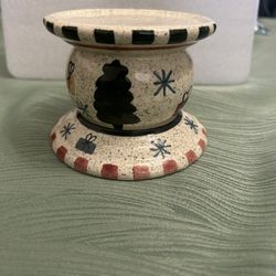 Ceramic Christmas Tree Pillar Candle Holder Snowflakes & Presents Vintage