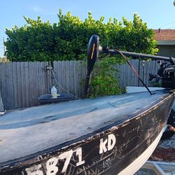 14 Foot V-hull Jon Boat With Gas Engine, Trolling Motor, Bimini Cover, And Trailer