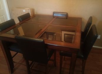 Bar height wood and glass table with 6 chairs