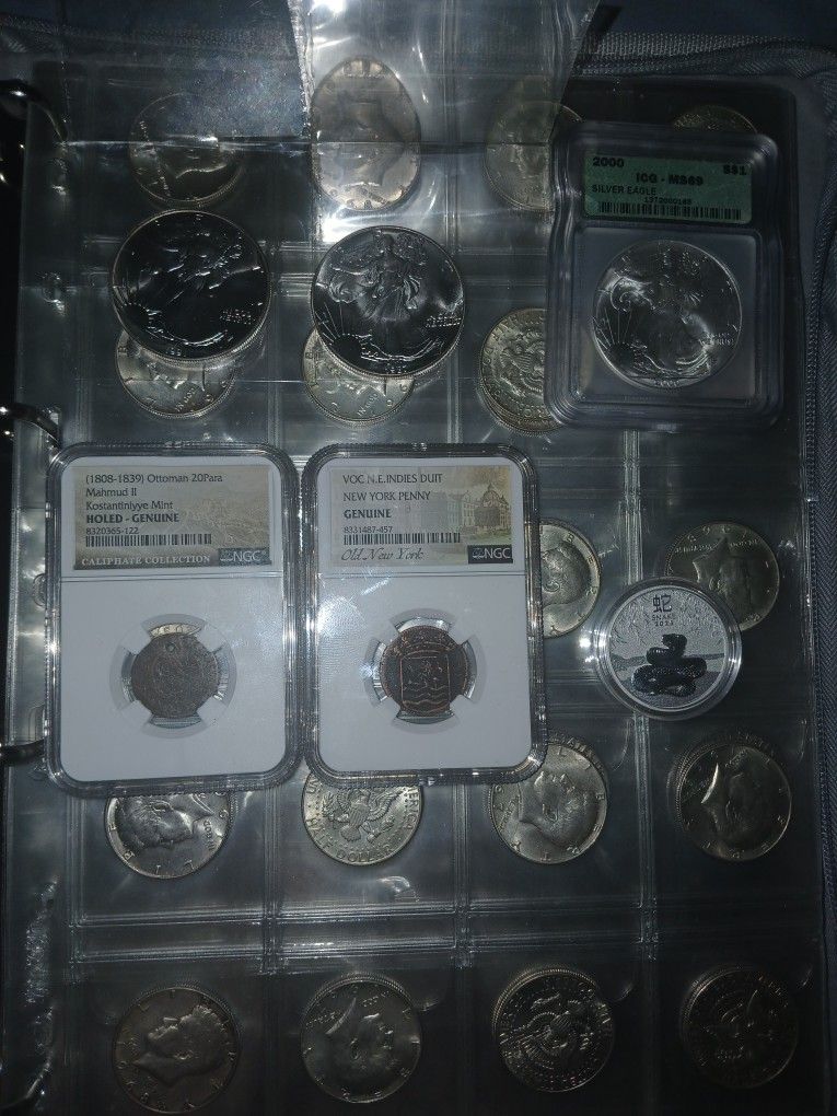 American Silver Eagles, 2025 Australia Silver Snake, 26 Silver Kennedys, 1753 New York Penny And 20para Coin