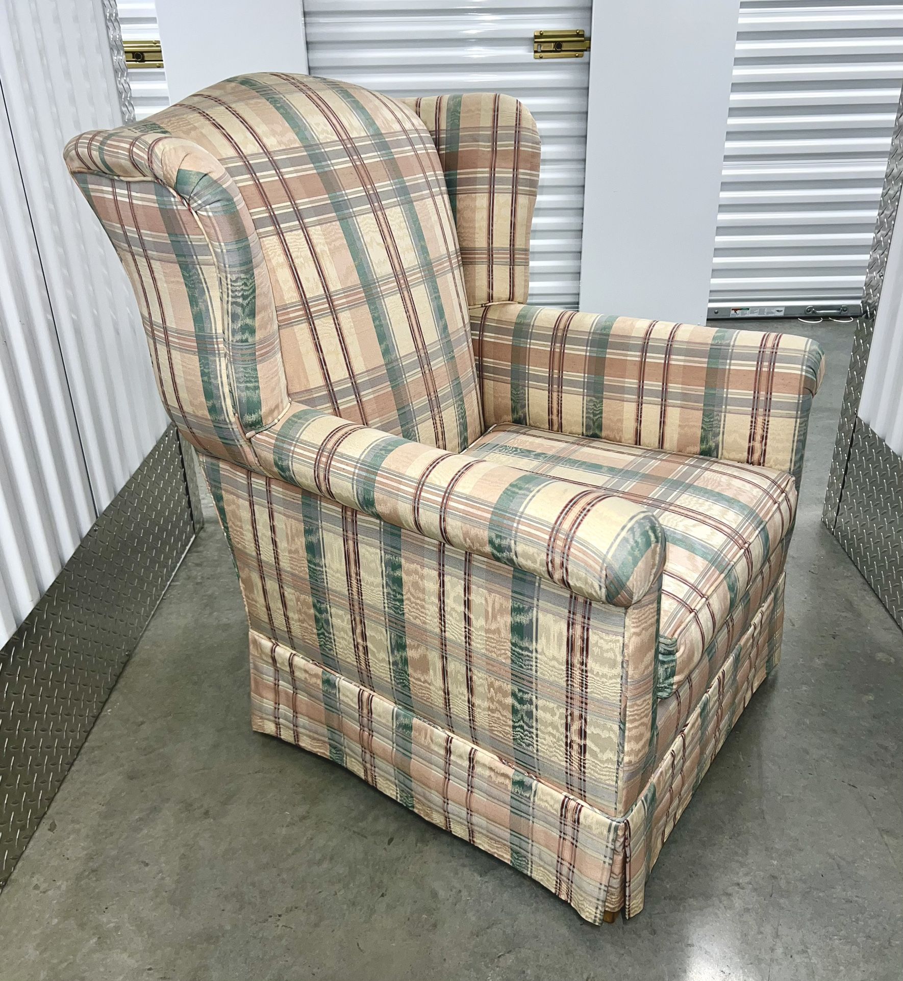 Vintage Retro Custom Made Plaid Wingback Skirted Arm Chair 