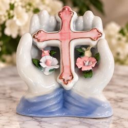 Vintage Style Porcelain Praying Hands Pink Cross Floral Religious Figurine