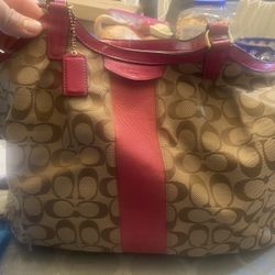Coach Signature C Tan & Pink Handbag 