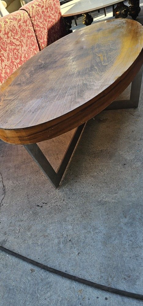 Vintage Mid Century Oval Wood Table W Metal Base Need Repaint 55x27.5x14.5h