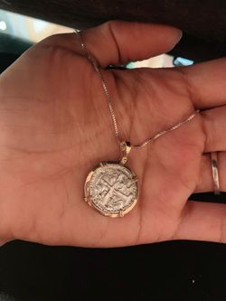 Atocha Coin In Gold Bezel Pendant with silver chain 18”