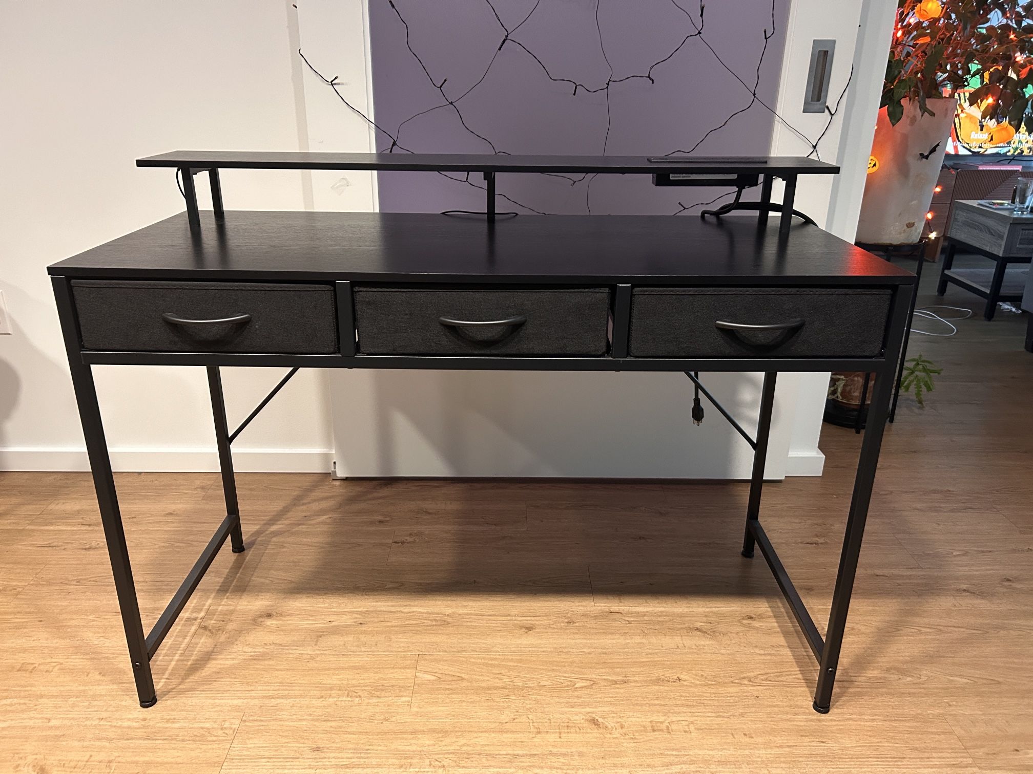 Desk With Drawers, LED Lightstrip, And Power strip 