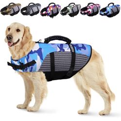 Dog Life Jacket, Camo Ripstop Dog Life Vest for Swimming, Reflective Pet Safety lifejacket for Dogs with Rescue Handle, Dog Life Preserver Swimsuit fo