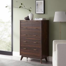 48" Tall Fluted 5 Drawer Dresser for Bedroom, Dark Walnut Mid Century Modern, Curved Profile, Metal Handles, Anti-tip Kit, Smooth Slides, for Living