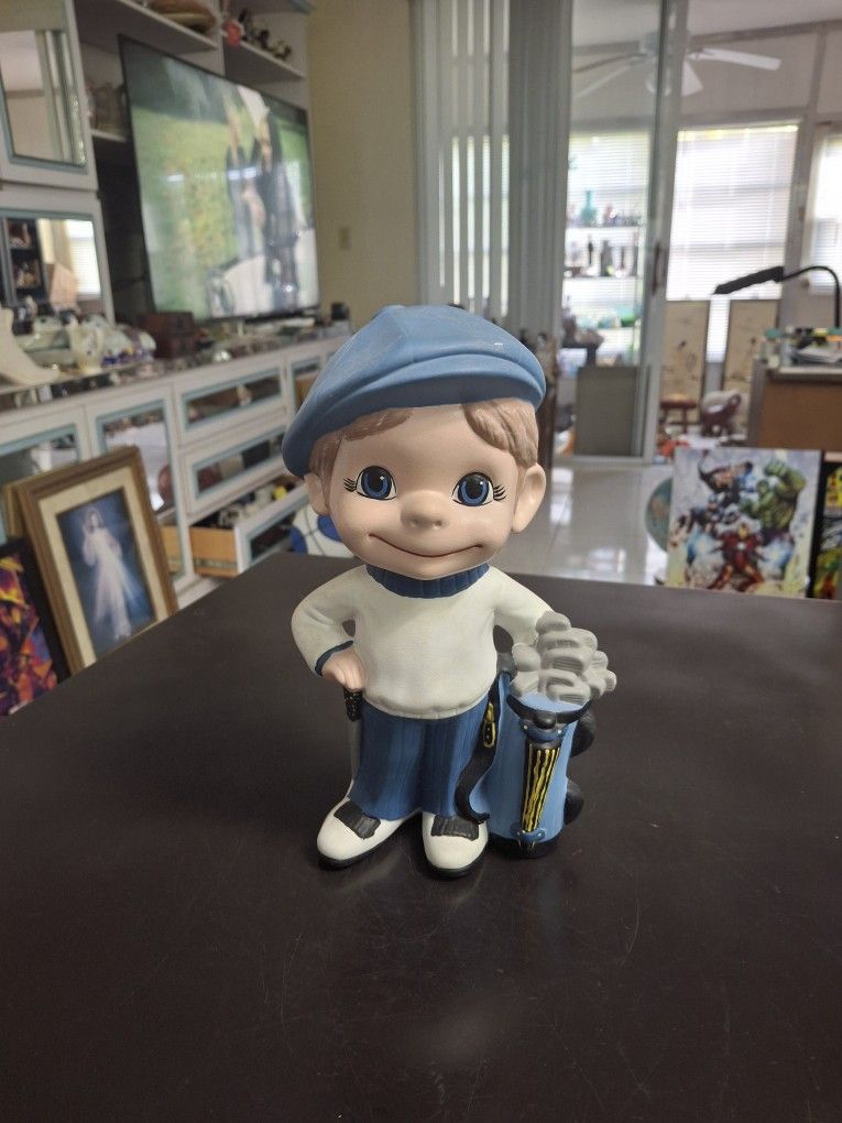 Vintage 1970's Ceramic Smiling Golfer Caddy Boy Statue In Bisque Porcelain 10" SEE DESCRIPTION