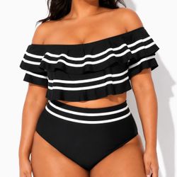 Unbranded Coquette Off Shoulder Ruffle Bikini Set High Waist Black White Trim XL