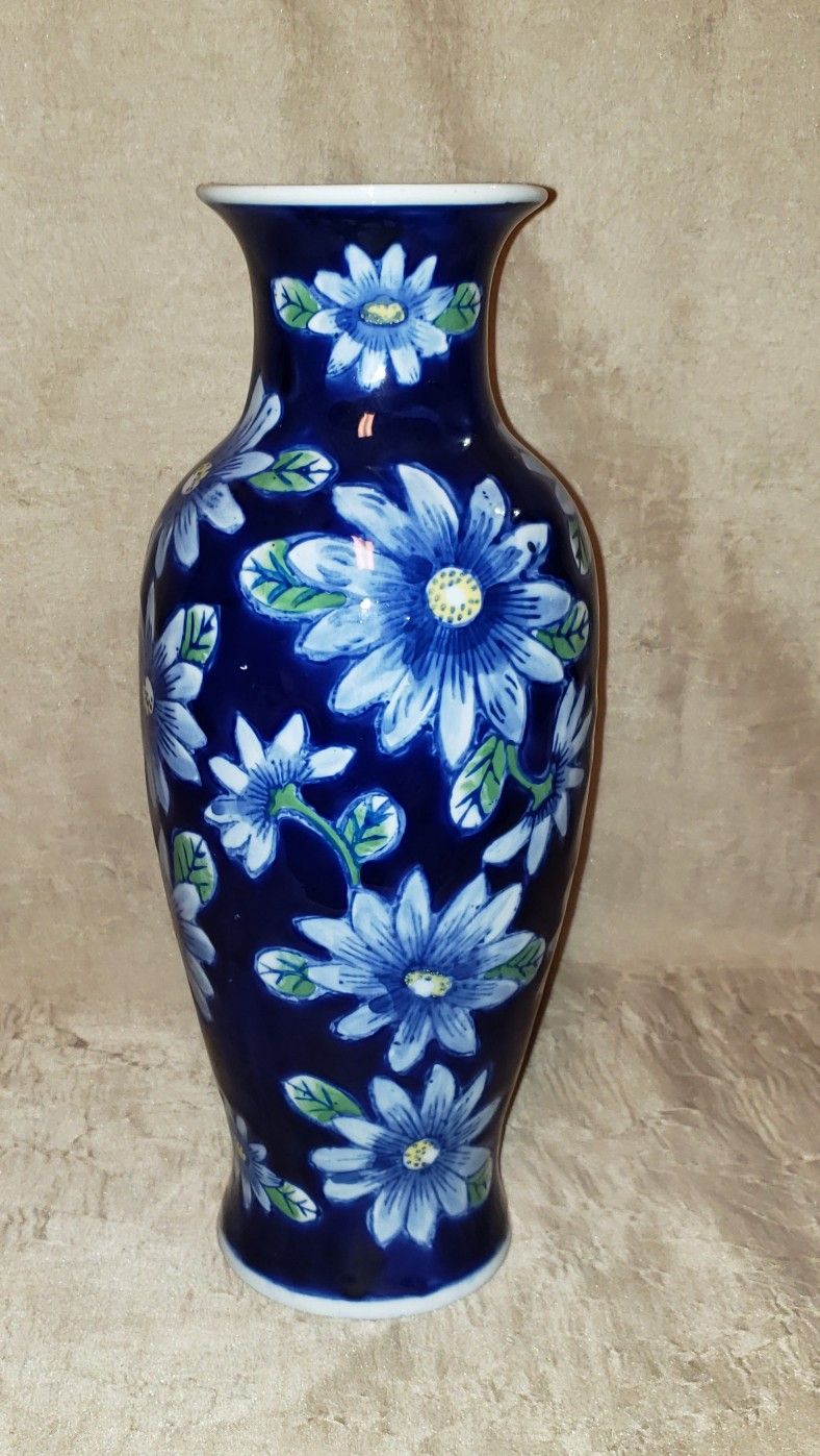 Tall Vase Blue With Blue Flowers