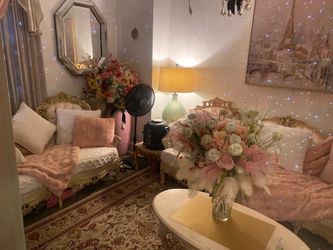 French provincial sofa, loveseat, coffee table, and two tables. Very good condition clean no rips no cuts smoke free.