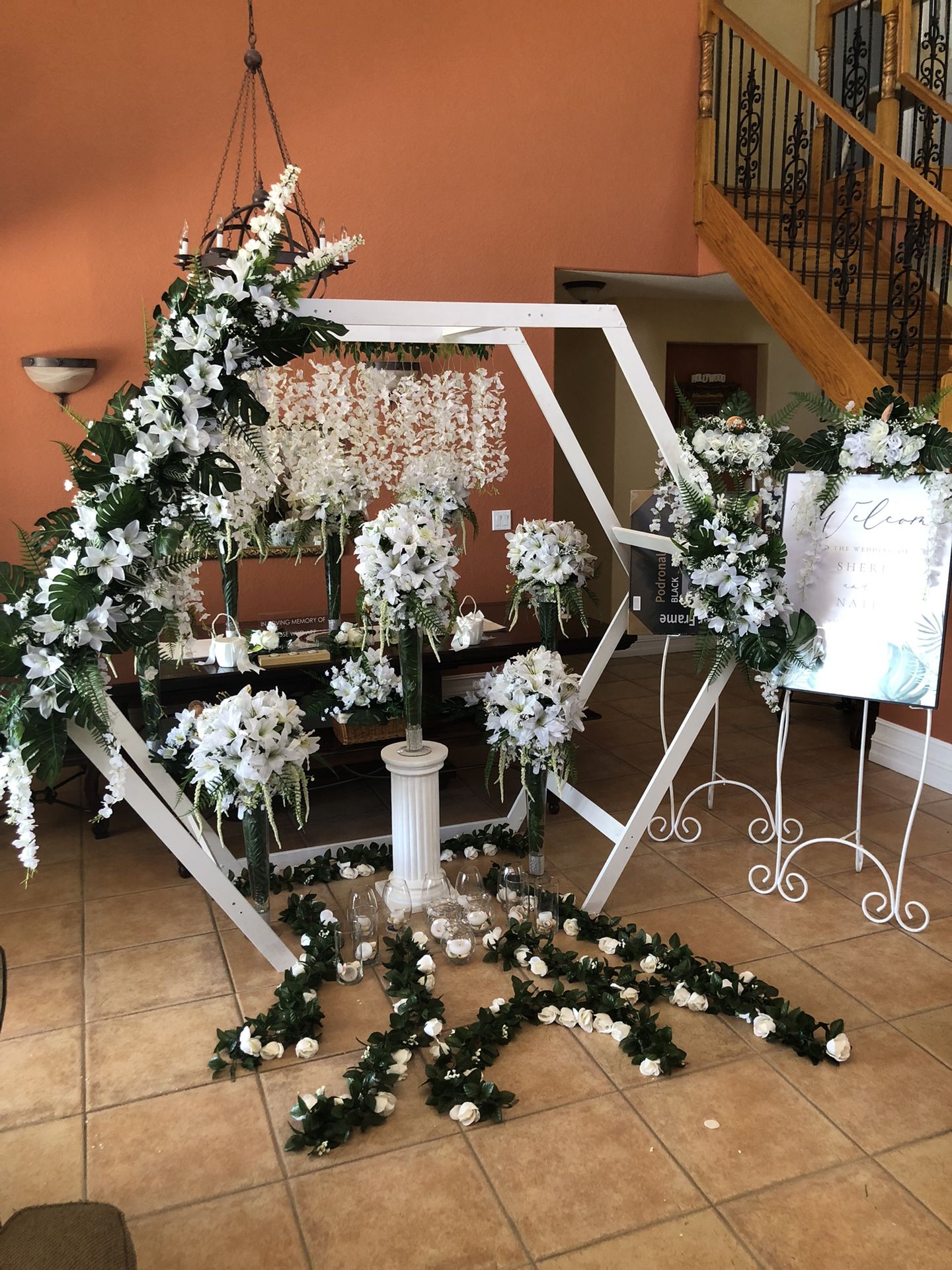 Double Hexagon Wedding Arch With Lily Artificial Flowers 